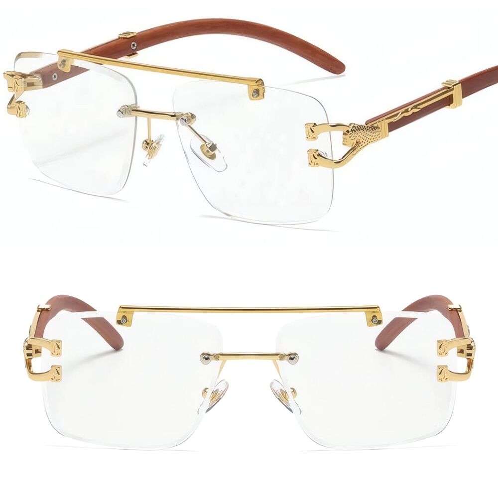 Diamond Cut Lens Gold & Faux Wood Frame Hip Hop Rapper Style Clear Eye Glasses